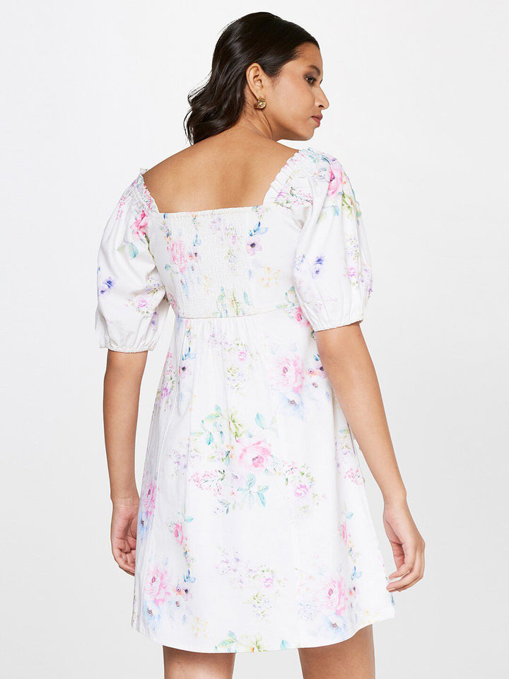 AND Smocked Floral Print A-Line Pure Cotton Dress