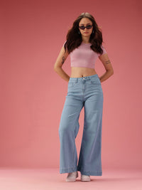DressBerry Women Wide Leg Mid-Rise Light Fade Stretchable Jeans