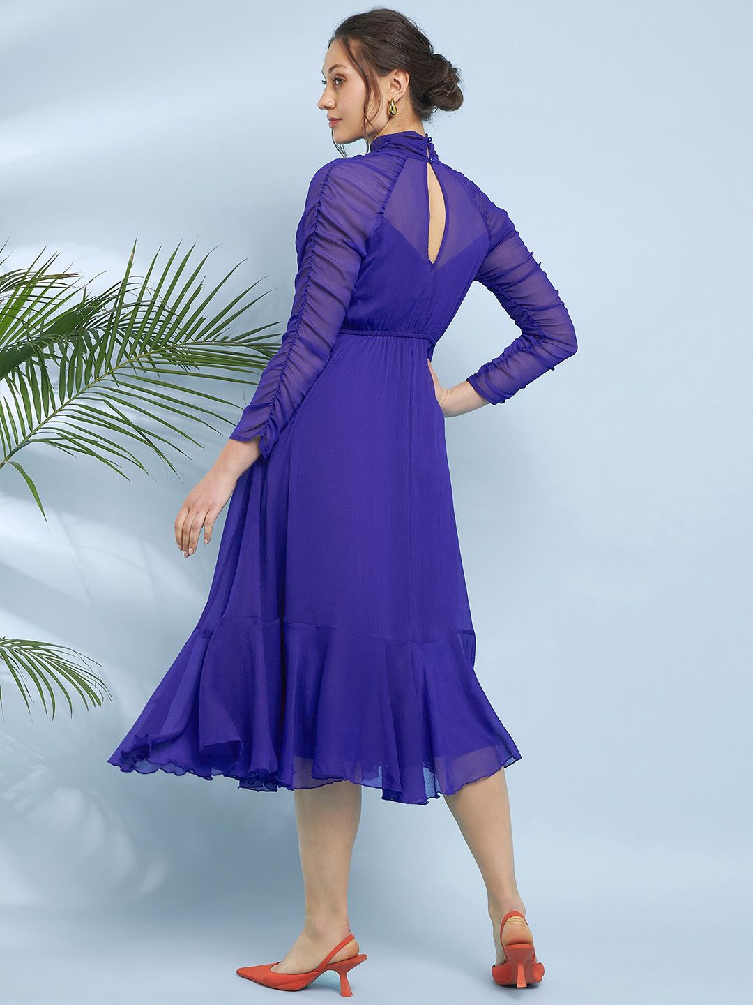 Antheaa Choker Neck Chiffon Fit & Flare Midi Dress