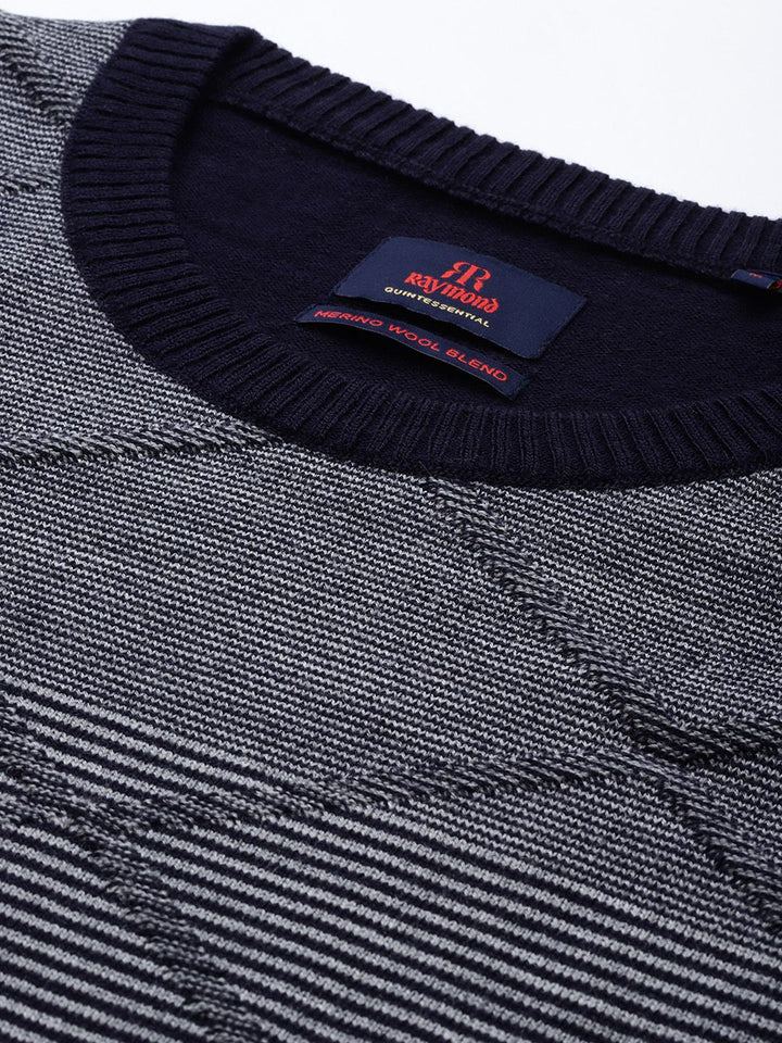Raymond Men Navy Blue & Grey Striped Sweater