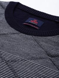 Raymond Men Navy Blue & Grey Striped Sweater