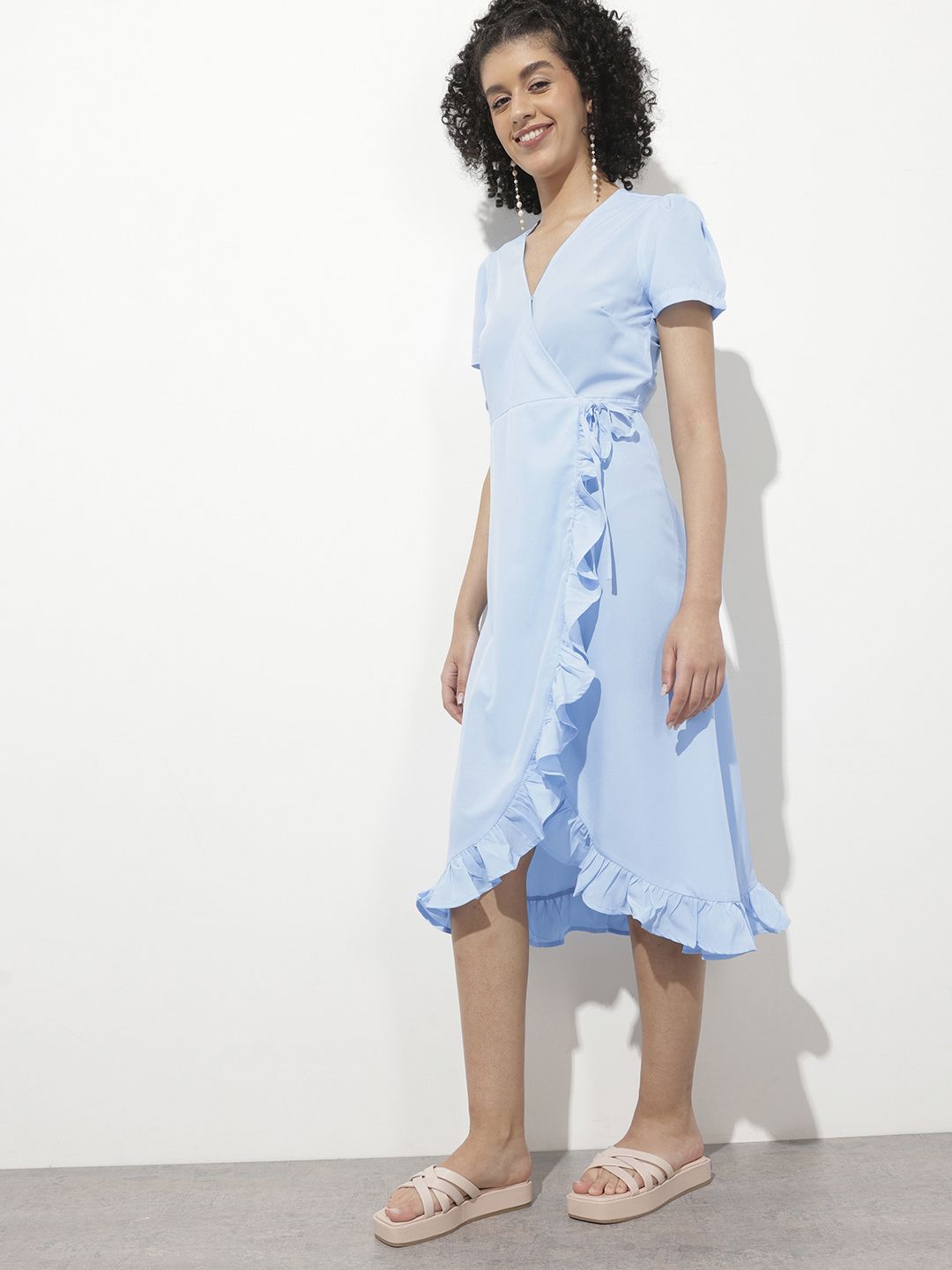 DressBerry Powder Blue Romantic Remix Ruffle Wrap Midi Dress