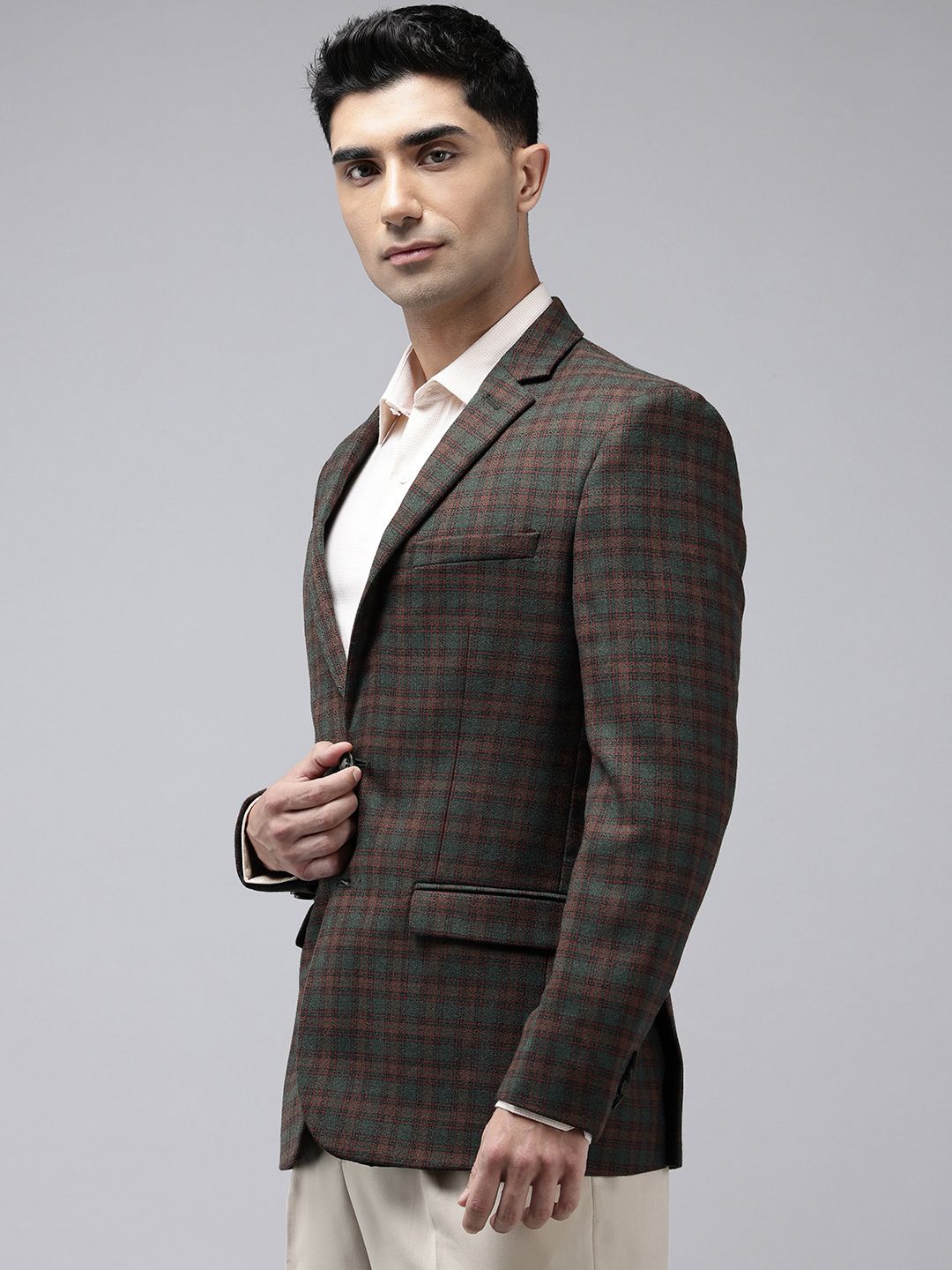 Park Avenue Checked Notched Lapel Collar Slim Fit Formal Blazer