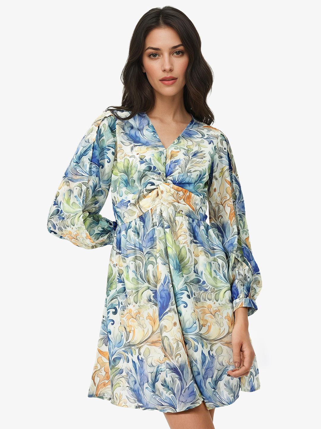 RAREISM Floral Printed Twisted Knot Fit & Flare Dress