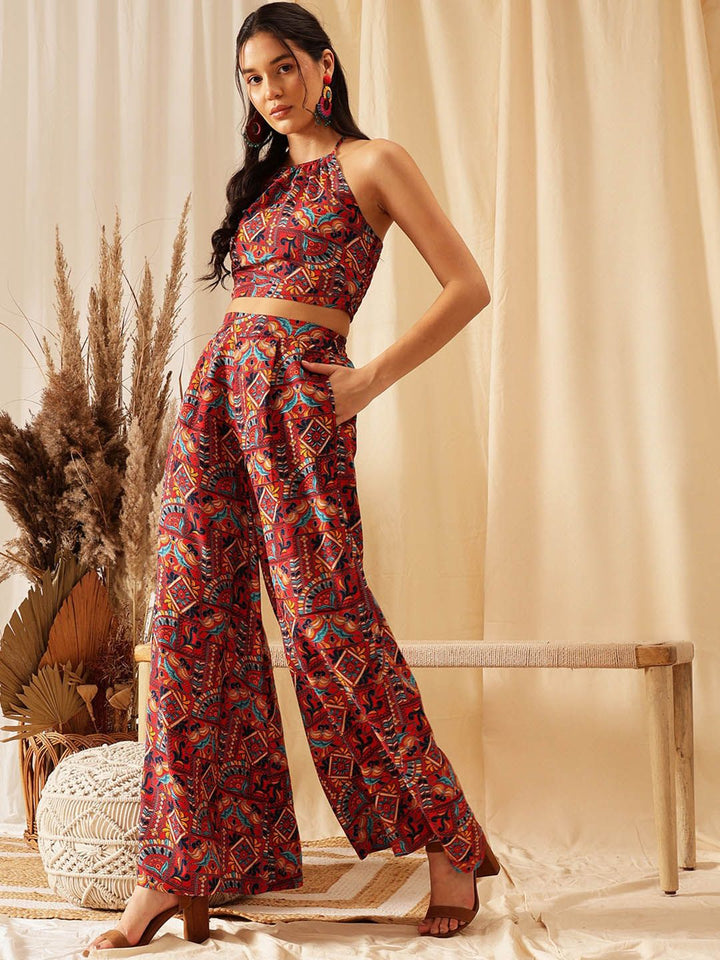 QUIERO Printed Shoulder Strap Top With Palazzo Co-Ords
