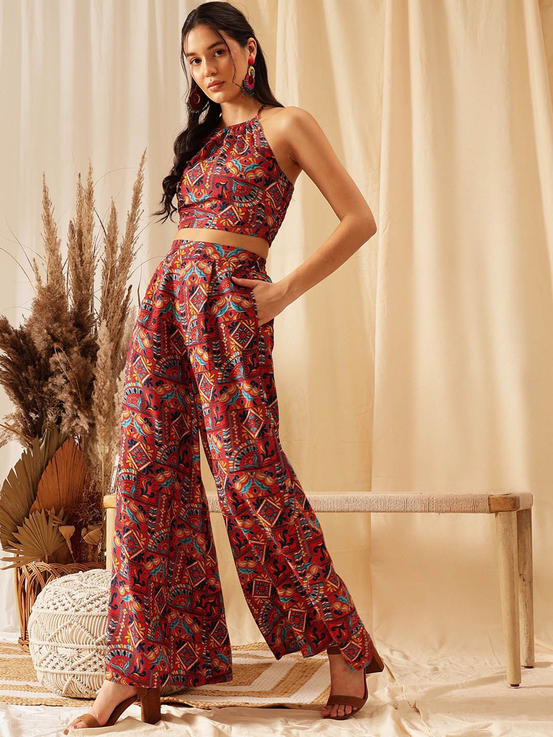 QUIERO Printed Shoulder Strap Top With Palazzo Co-Ords