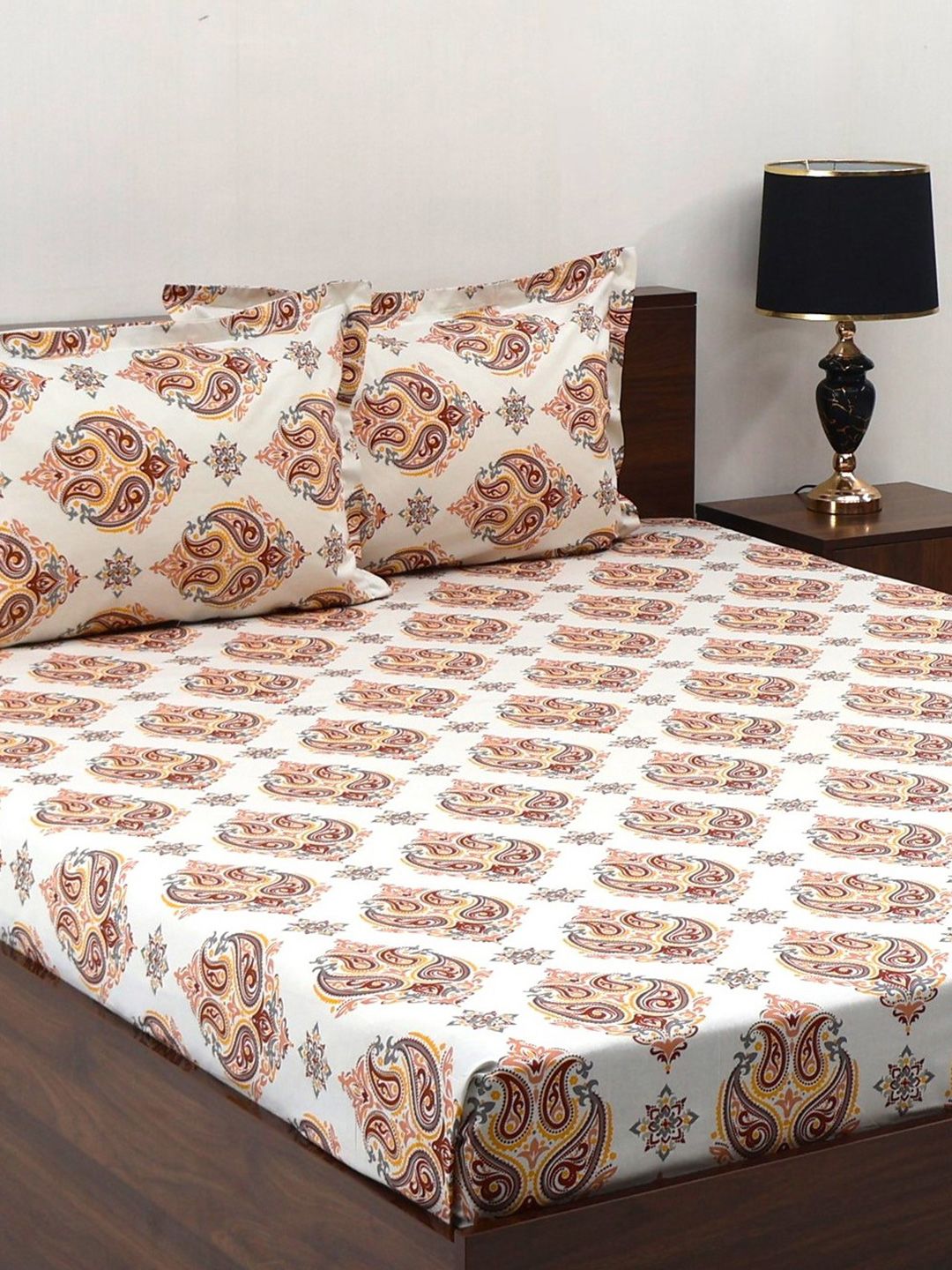 BOMBAY DYEING Cardinal Brown Ethnic 120 TC Cotton Queen Bedsheet Set-2.24 m X 2.54 m