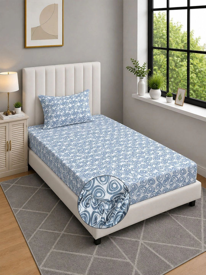 Moda Rapido X KLOTTHE Blue & White Geometric 300 TC Single Bedsheet with 1 Pillow Covers