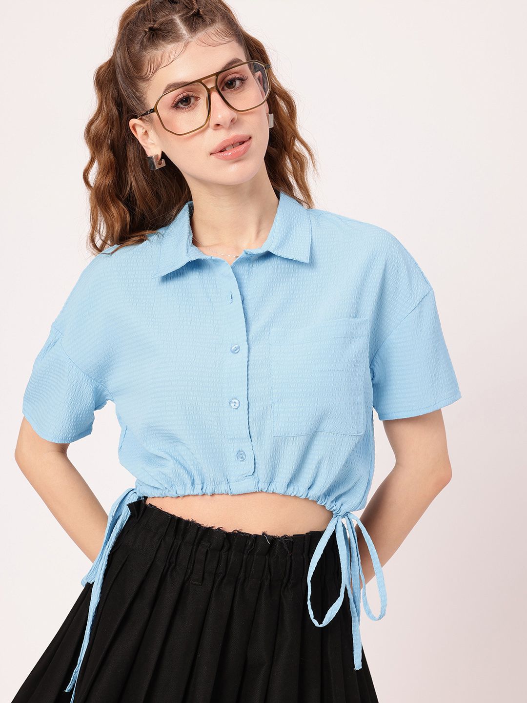 DressBerry Effortless Fun Seersucker Crop Shirt Style Top