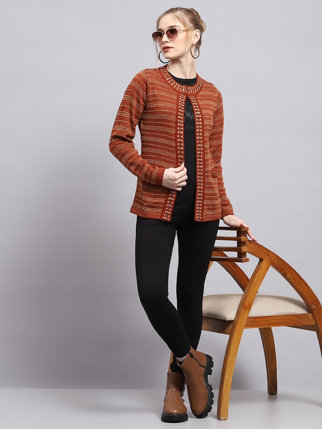 Monte Carlo Self Striped Front Open Cardigan Sweater With Embellished Detail