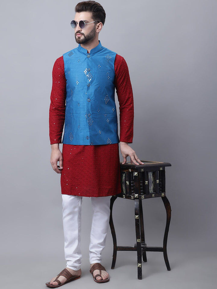 SOJANYA Ethnic Motifs Embroidered Regular Pure Cotton Kurta with Churidar & Nehru Jacket