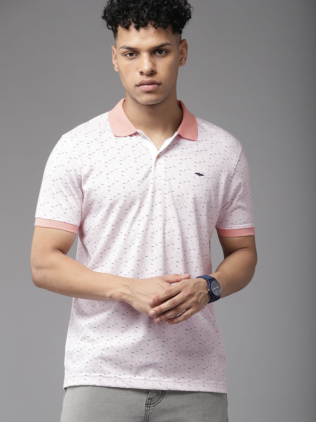 Park Avenue Men Geometric Print Polo Collar Slim Fit T-shirt