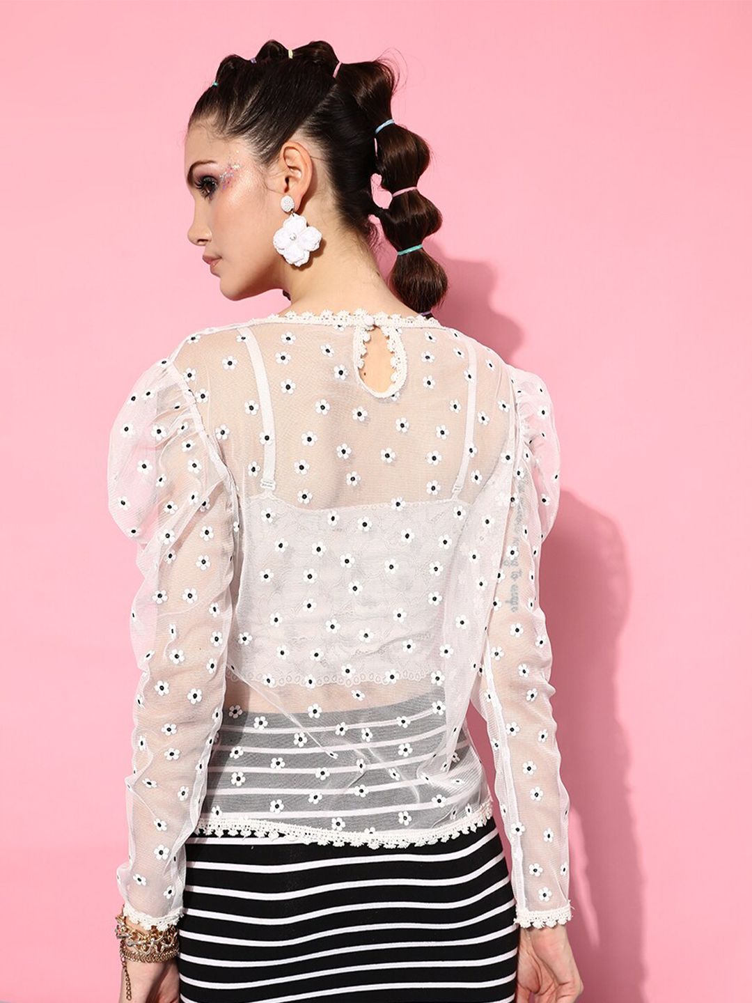 STREET 9 White Floral Print Net Styled Back Top