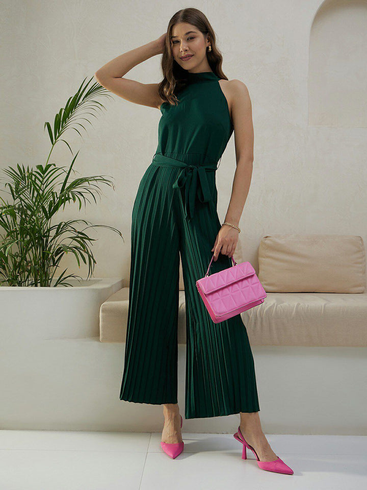 Berrylush Green High Neck Sleeveless Culotte Jumpsuit