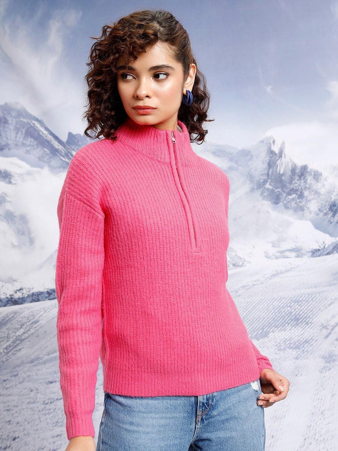 Tokyo Talkies Pink Cable Knit Self Design Turtle Neck Pullover Sweater