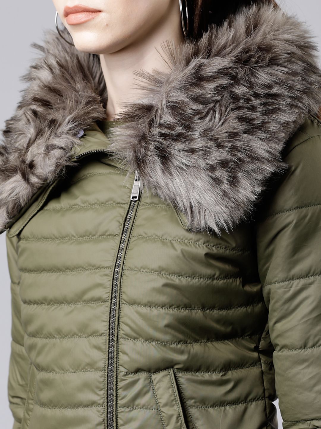 Tokyo Talkies Women Olive Green Solid Puffer Jacket