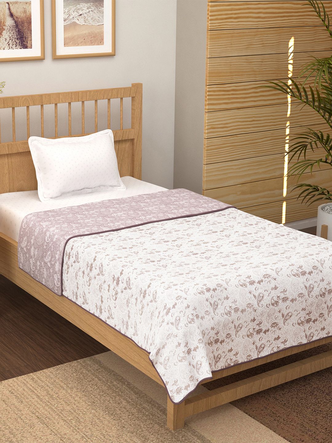 Story@home White & Purple Printed AC Room 150 GSM Reversible Cotton Single Bed Dohar