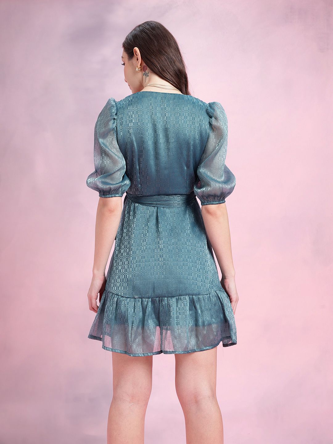 DressBerry Geometric Self-Design Puff Sleeves Party Fit & Flare Dress with Belt
