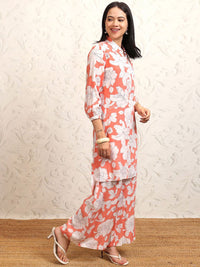 Vishudh Coral Pink Floral Printed Pure Cotton Longline Shirt With Palazzos