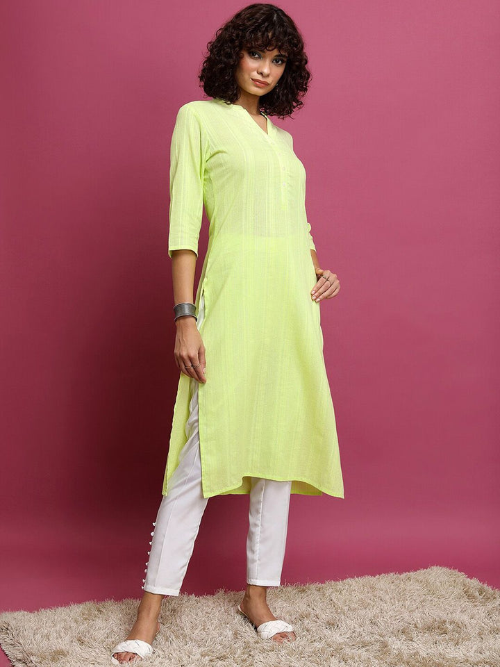 Vishudh Lime Green Striped Mandarin Collar Pure Cotton Kurta