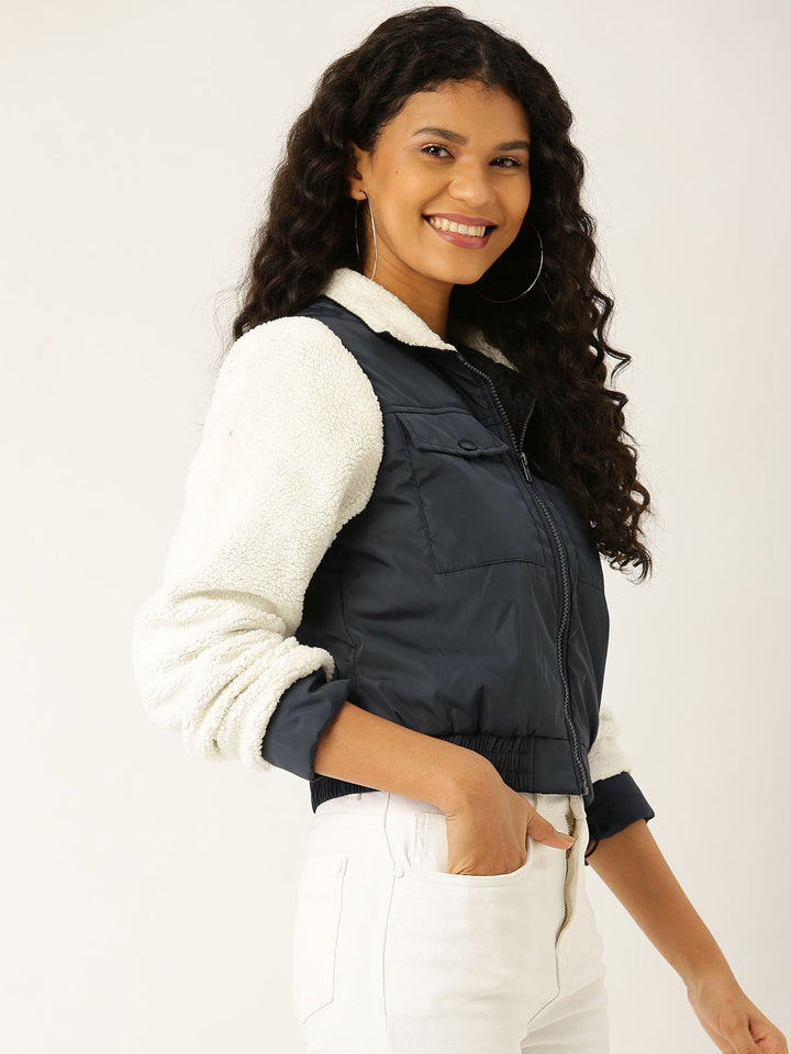 DressBerry Women Navy Blue Solid Bomber Jacket