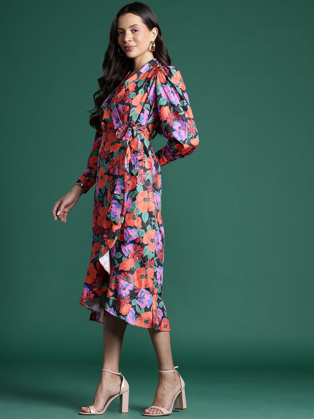 DressBerry Floral Print Midi Wrap Dress