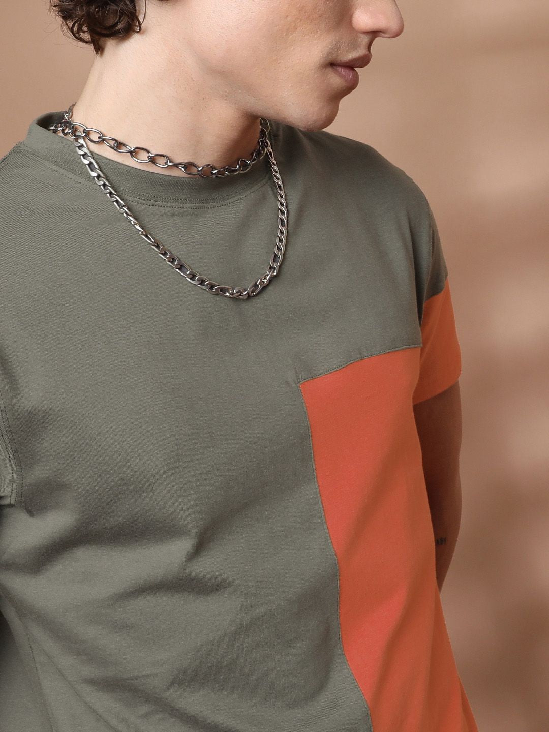 The Indian Garage Co Men Grey  Orange Colourblocked Round Neck Pure Cotton T-shirt