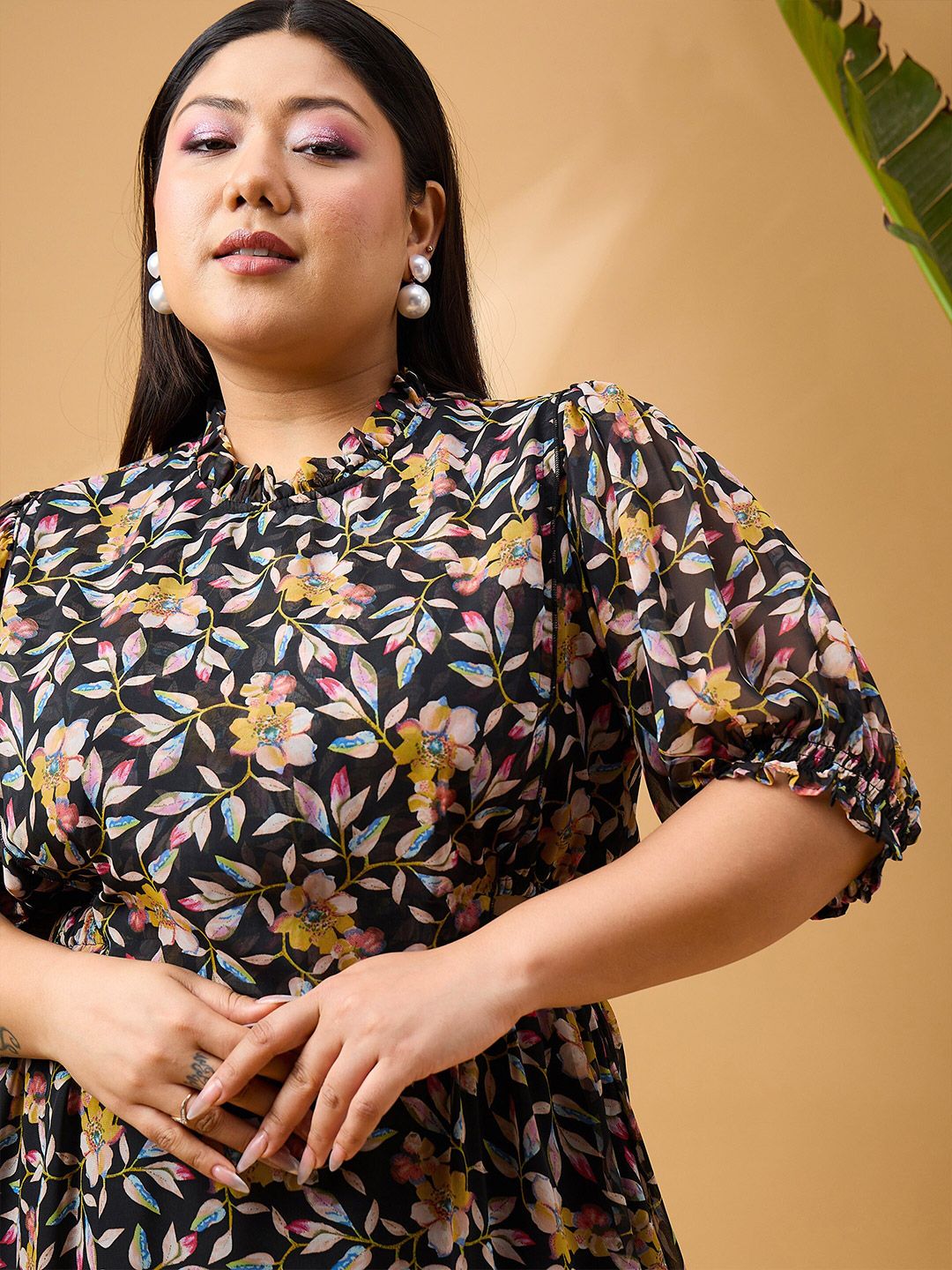 SASSAFRAS Curve Plus Size Floral Printed Tiered Georgette Fit and Flare Midi Dress