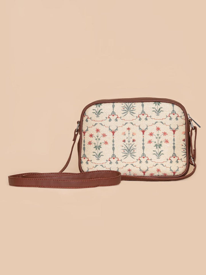 ZOUK White Ethnic Motifs Printed Structured Sling Bag
