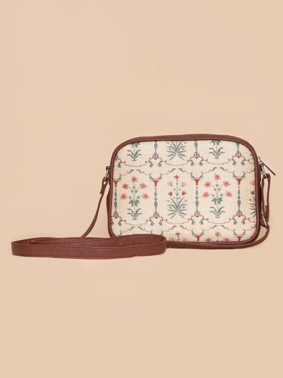 ZOUK White Ethnic Motifs Printed Structured Sling Bag