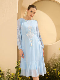 Antheaa Women Bishop Sleeve embroidered Chiffon A-Line Midi Dress