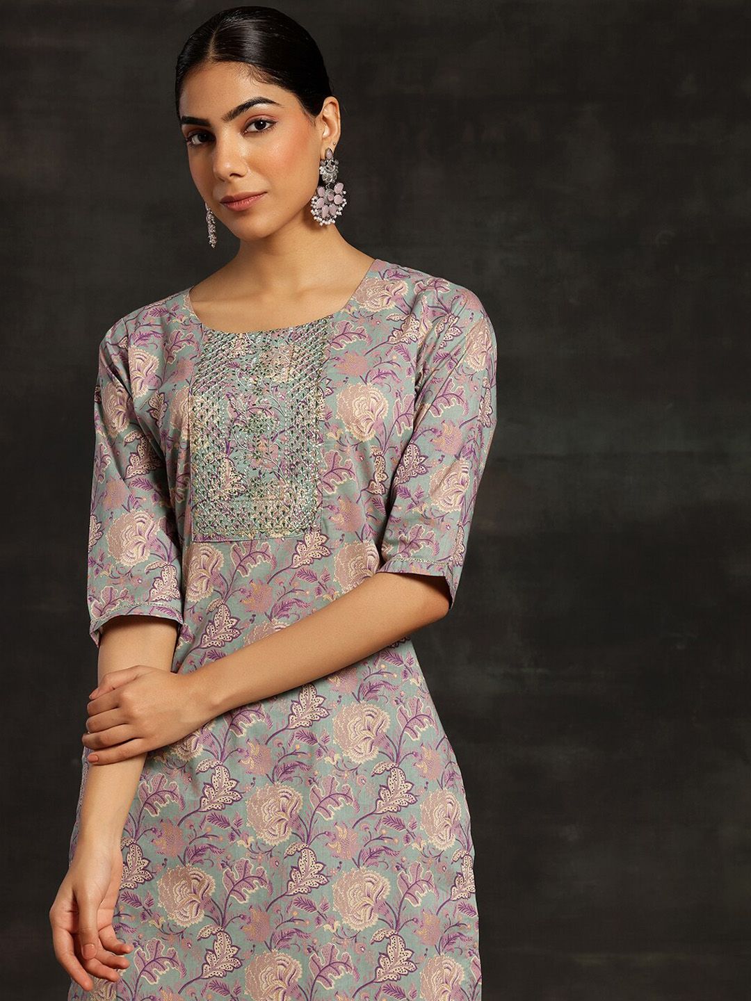 Libas Floral Printed Regular Sequinned Pure Cotton Kurta with Trousers & Dupatta