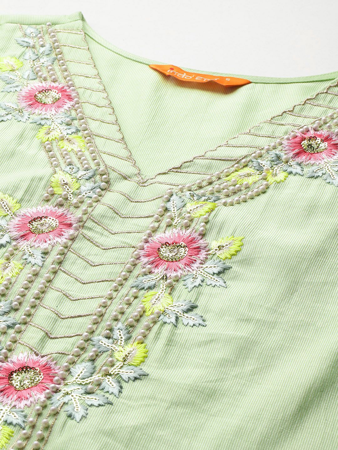 Indo Era Floral Embroidered Thread Work Kurta With Trousers & Dupatta
