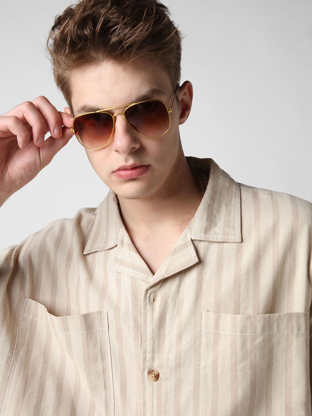 VASTRADO Men Striped Double Pocket Cotton Oversized Cropped Shirt