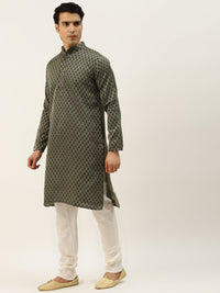 SOJANYA Lelaki Hijau Zaitun & Merah Karat Motif Etnik Jacquard Kurta Lurus dengan Churidar