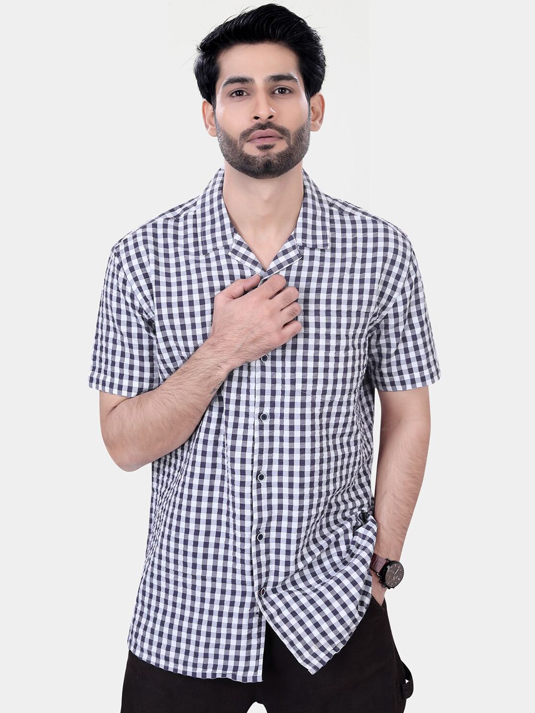 VASTRADO Classic Gingham Checked Lapel Collar Drop-Shoulder Sleeves Oversized Casual Shirt