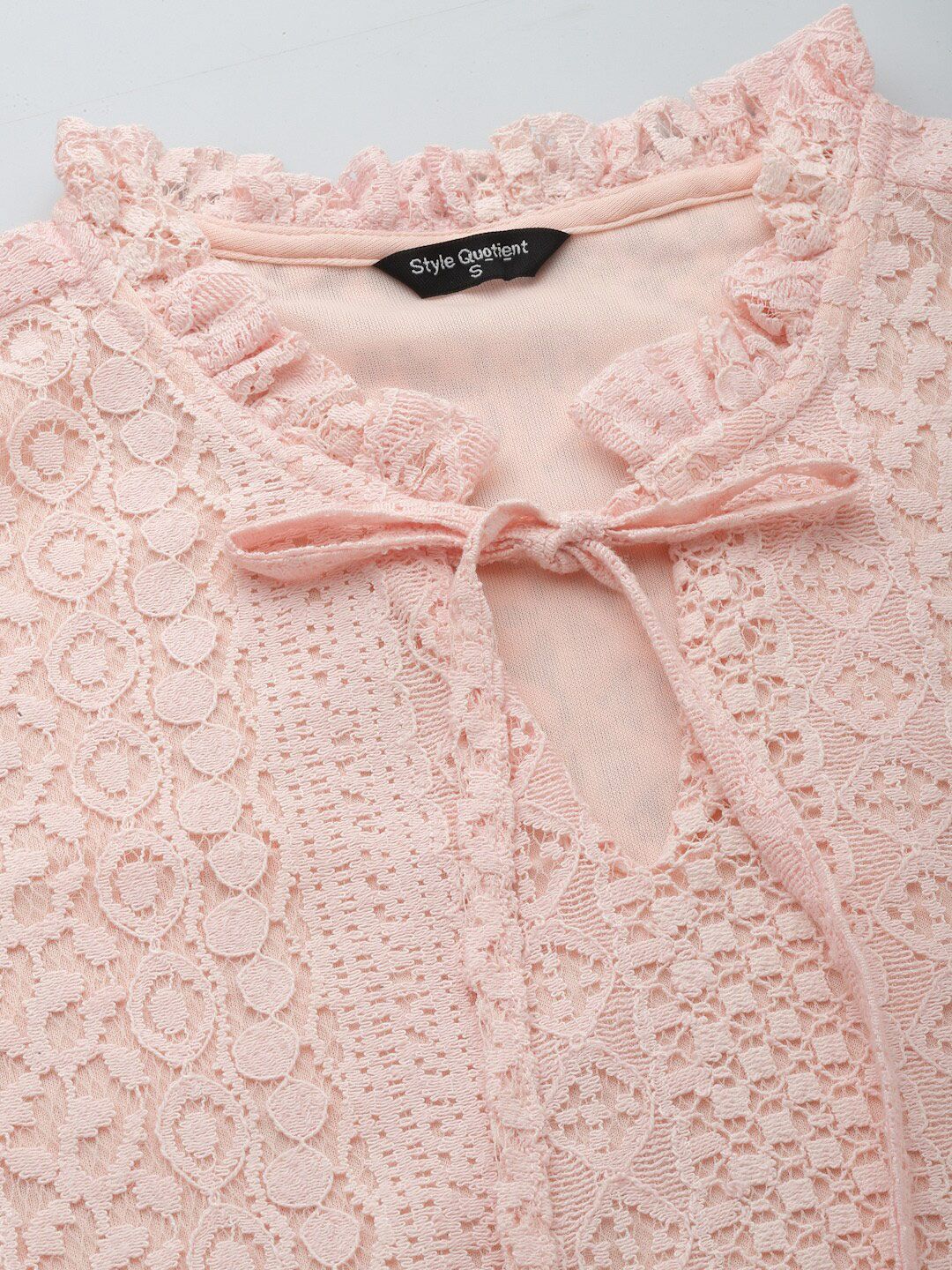 Style Quotient Self Design Tie-Up Neck Puff Sleeve Cotton Top