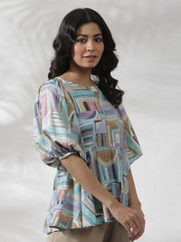 W Geometric Printed Puffed Sleeves Top