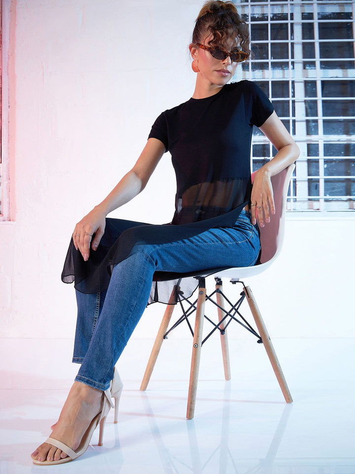 SASSAFRAS Black Semi-Sheer Longline A-Line Top