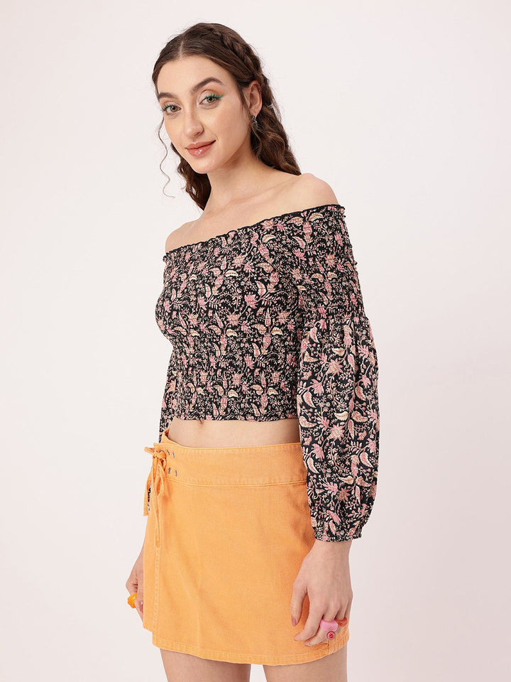 DressBerry Smocked Floral Printed Off-Shoulder Fitted Crop Top