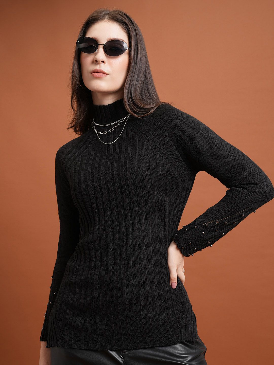 Tokyo Talkies Mock Collar Drop Shoulder Sleeves Oversized Acrylic Sweatshirt