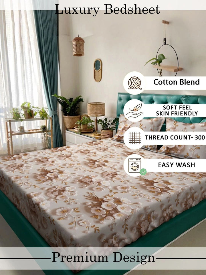 Myntra Elegant Homes Berwarna Krim Bunga 400 TC Cadar King dengan 2 Sarung Bantal