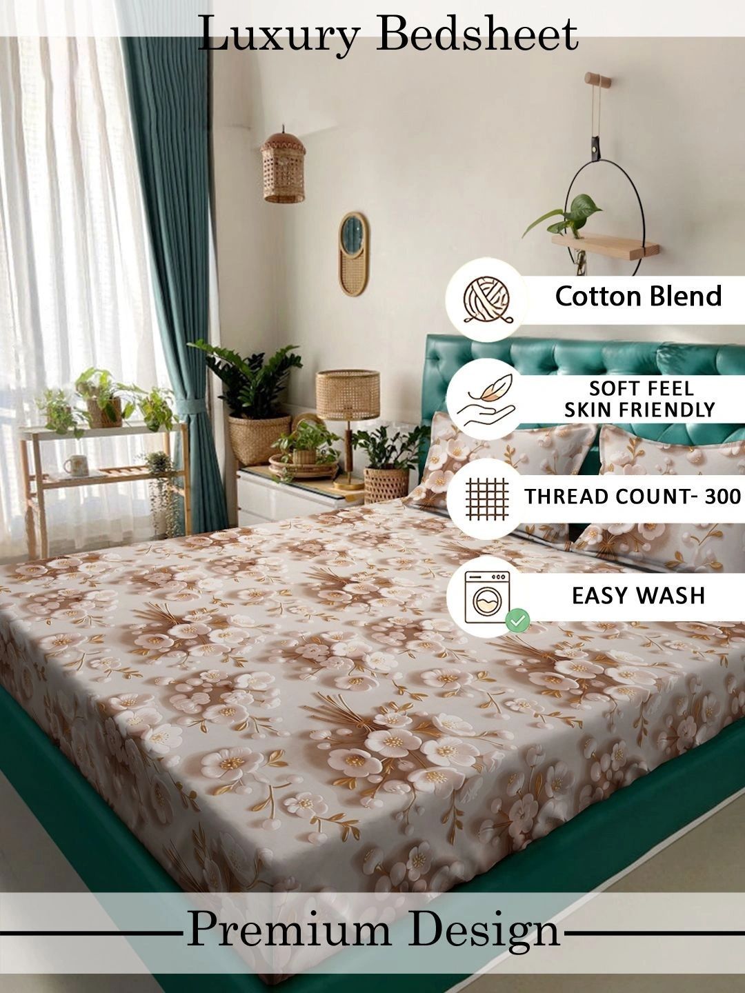 Myntra Elegant Homes Berwarna Krim Bunga 400 TC Cadar King dengan 2 Sarung Bantal