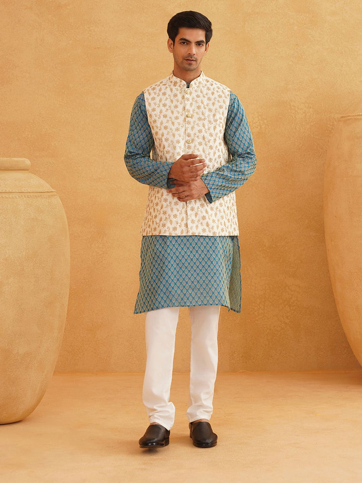 SOJANYA Motif Etnik Rekaan Tenun Kurta Kolar Mandarin Dengan Baju Tidur & Jaket Nehru
