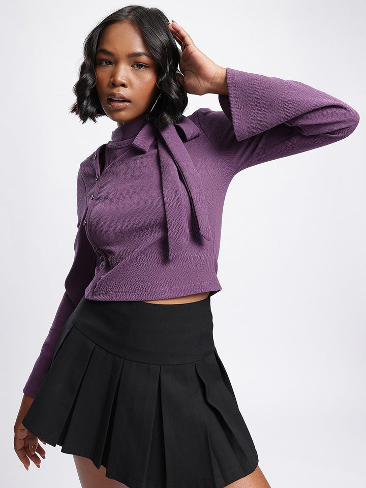 DressBerry Adorable Allure Textured Bow Tie Button Detail Top