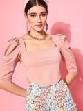 STREET 9 Pink Solid Puff Sleeves Square Neck Crepe Crop Corset Top