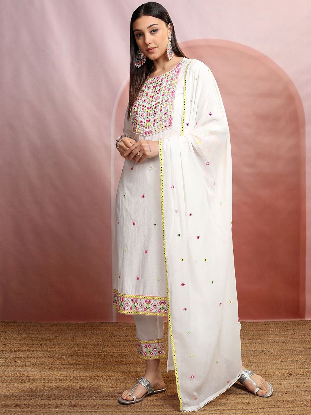 Vishudh Round Neck Ethnic Motifs Embroidered Mirror Work Pure Cotton Straight Kurta Set