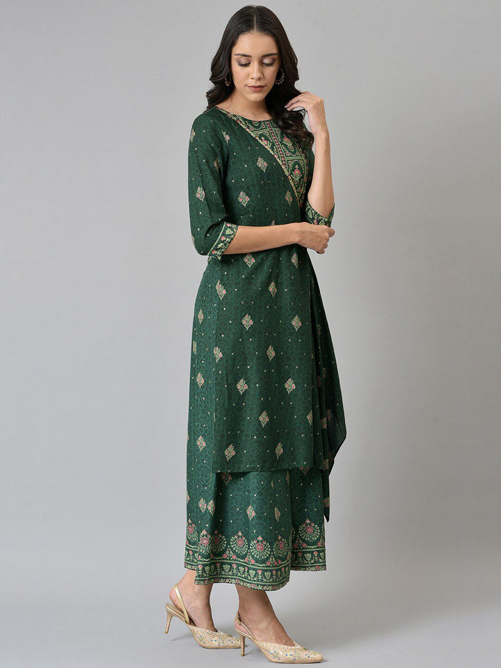 W Women Green Glitter Printed Angrakha Jumpsuit