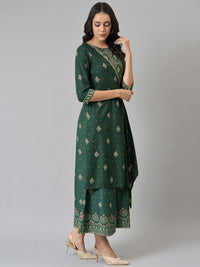 W Women Green Glitter Printed Angrakha Jumpsuit