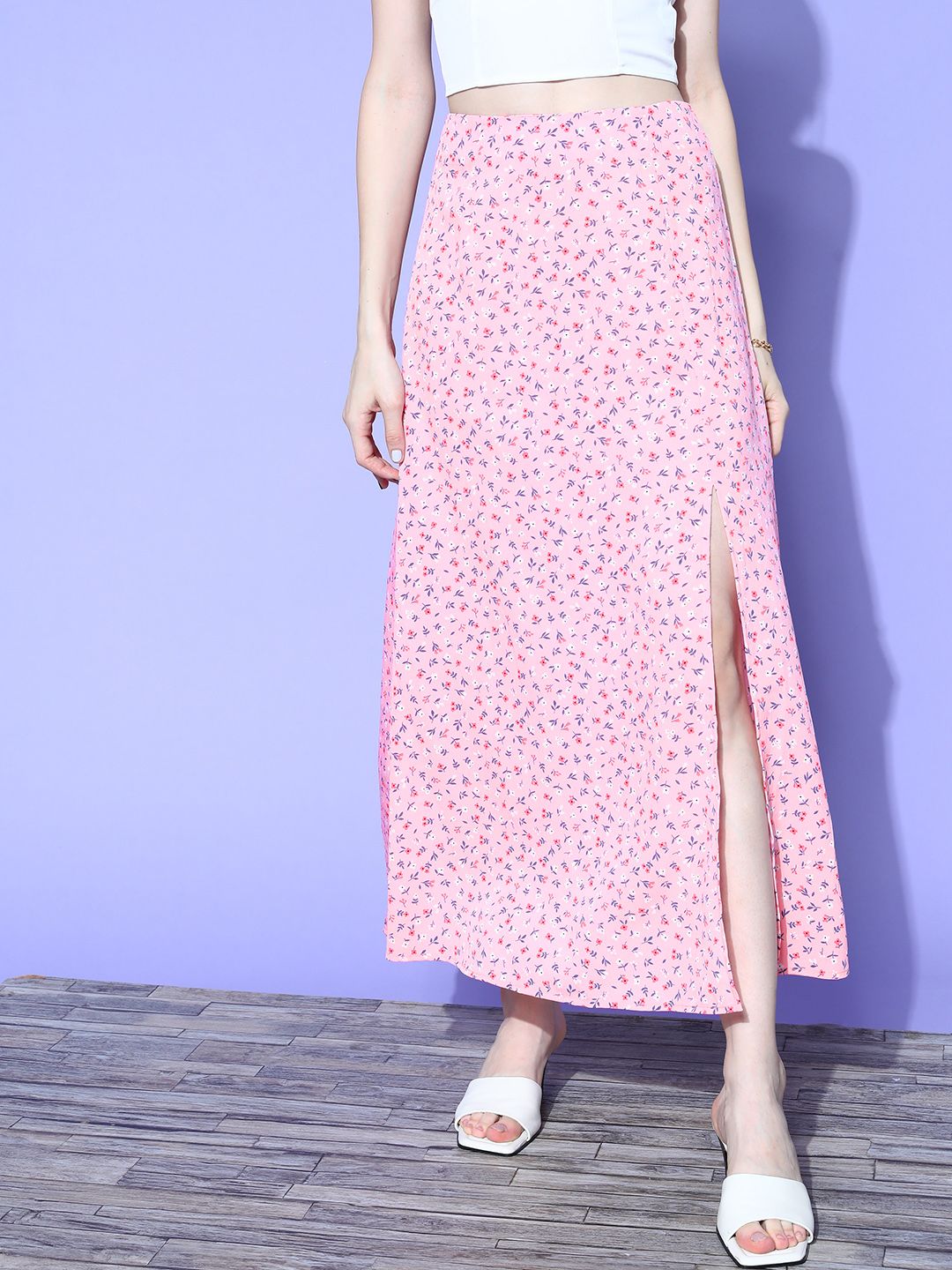 Berrylush Pretty Pink Floral Peekaboo Slit Skirt